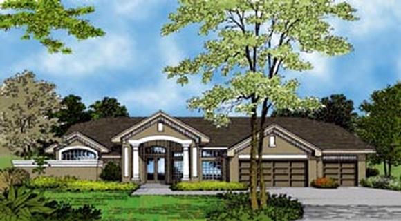 Contemporary, Florida, Mediterranean, One-Story House Plan 63335 with 4 Beds, 4 Baths, 3 Car Garage Elevation