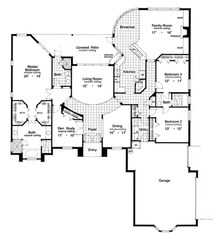 Florida, Mediterranean, One-Story, Traditional House Plan 63337 with 4 Beds, 3 Baths, 3 Car Garage First Level Plan