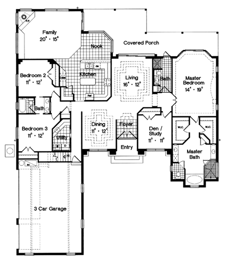 Contemporary, Florida, Mediterranean, One-Story House Plan 63369 with 4 Beds, 4 Baths, 3 Car Garage First Level Plan