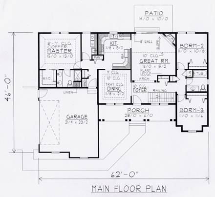 Contemporary, European House Plan 63512 with 3 Beds, 2 Baths, 2 Car Garage First Level Plan