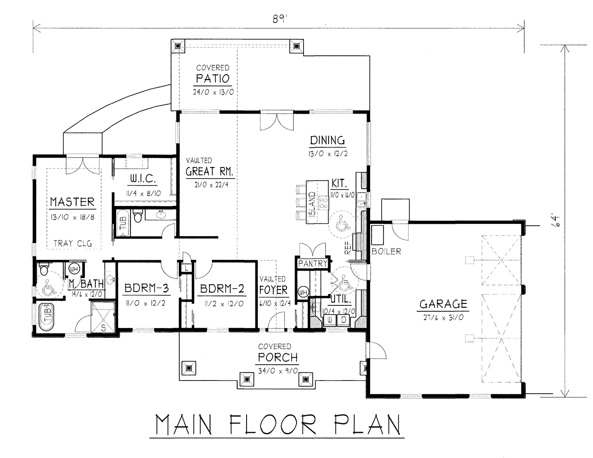 Country, Craftsman, Ranch House Plan 63556 with 3 Beds, 2 Baths, 3 Car Garage Level One