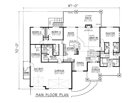 Craftsman, Ranch, Traditional House Plan 63558 with 4 Beds, 3 Baths, 3 Car Garage First Level Plan