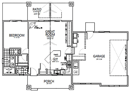 Cottage, Farmhouse House Plan 63566 with 1 Beds, 2 Baths, 2 Car Garage First Level Plan