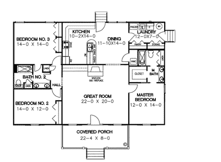 Country, One-Story, Southern House Plan 64504 with 3 Beds, 2 Baths, 2 Car Garage First Level Plan