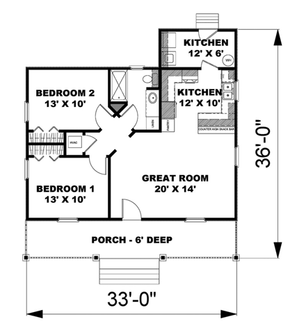 Cabin, Country House Plan 64505 with 2 Beds, 1 Baths First Level Plan