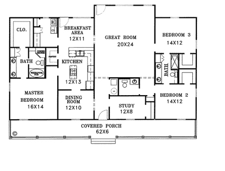 Country, One-Story House Plan 64513 with 3 Beds, 3 Baths, 2 Car Garage First Level Plan