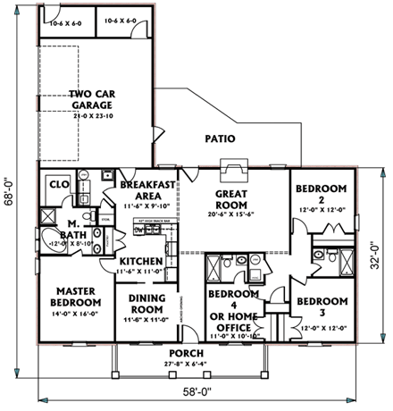 Cabin, Country, Ranch House Plan 64515 with 3 Beds, 3 Baths, 2 Car Garage First Level Plan