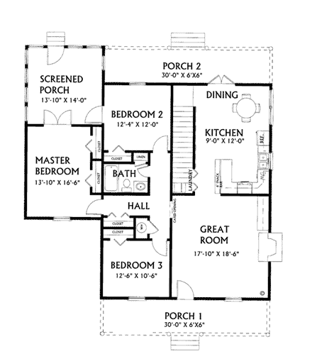 One-Story, Ranch House Plan 64517 with 3 Beds, 1 Baths First Level Plan