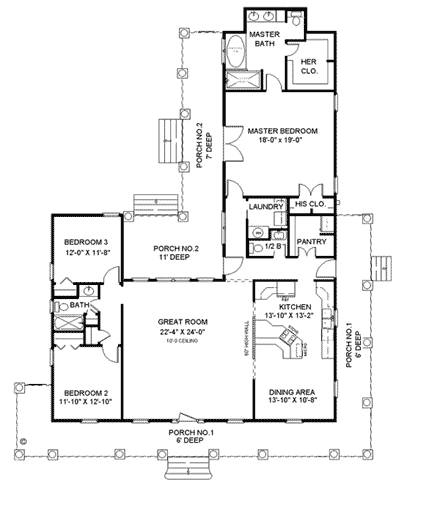 Bungalow, Country, Southern House Plan 64519 with 3 Beds, 3 Baths First Level Plan