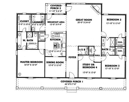 Country, One-Story House Plan 64523 with 4 Beds, 3 Baths First Level Plan