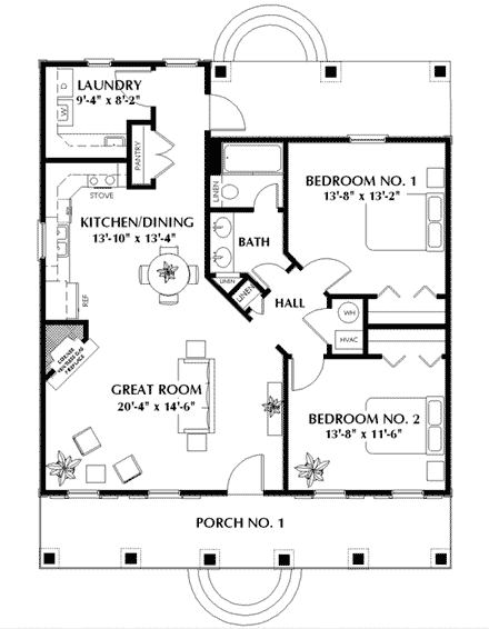 Colonial, Country, European, One-Story House Plan 64528 with 2 Beds, 1 Baths First Level Plan