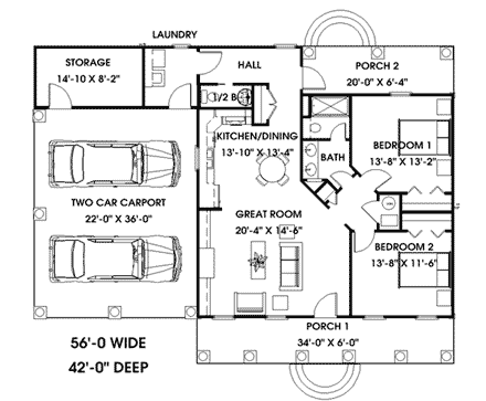 Colonial House Plan 64529 with 2 Beds, 2 Baths, 2 Car Garage First Level Plan