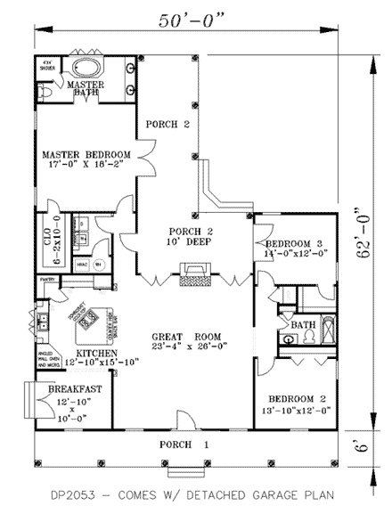 Country, Southern House Plan 64539 with 3 Beds, 2 Baths, 2 Car Garage First Level Plan