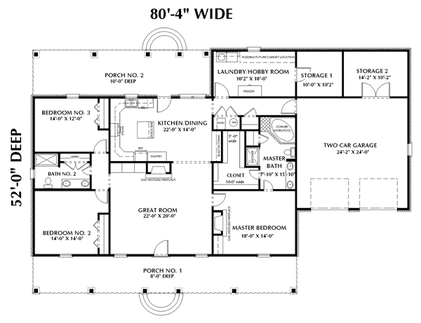 European, One-Story House Plan 64541 with 3 Beds, 2 Baths, 2 Car Garage Level One
