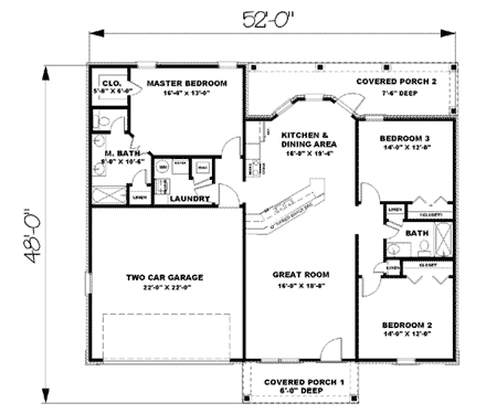 Traditional House Plan 64550 with 3 Beds, 2 Baths, 2 Car Garage First Level Plan