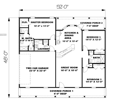 Country, Southern House Plan 64551 with 3 Beds, 2 Baths, 2 Car Garage First Level Plan