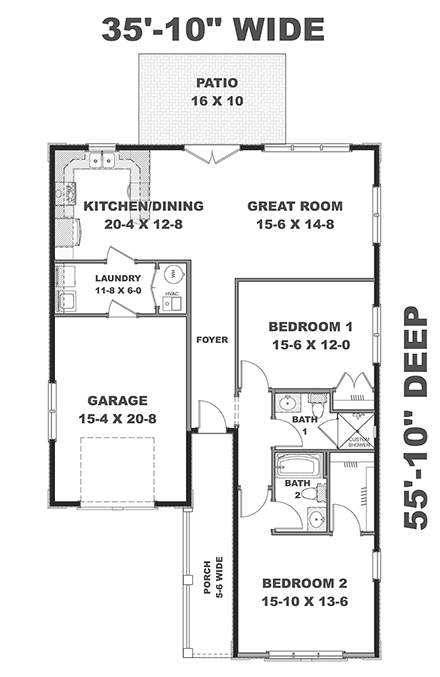 Mediterranean House Plan 64553 with 2 Beds, 2 Baths, 1 Car Garage First Level Plan