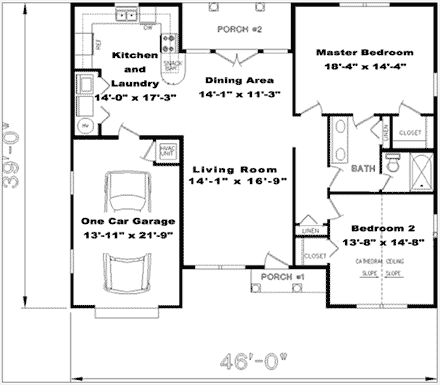 Mediterranean, Traditional House Plan 64554 with 2 Beds, 1 Baths, 1 Car Garage First Level Plan