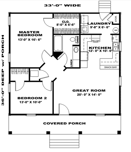 House Plan 64556 with 2 Beds, 1 Baths First Level Plan