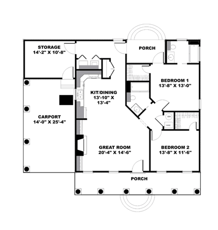 One-Story House Plan 64557 with 2 Beds, 2 Baths, 1 Car Garage First Level Plan