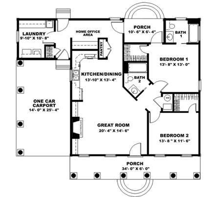 One-Story House Plan 64558 with 2 Beds, 2 Baths, 1 Car Garage First Level Plan