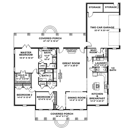 One-Story House Plan 64562 with 3 Beds, 3 Baths, 2 Car Garage First Level Plan