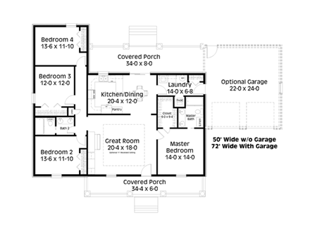 Country House Plan 64566 with 4 Beds, 2 Baths First Level Plan