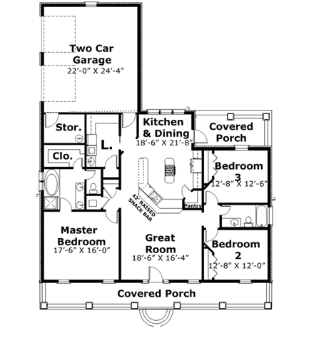 House Plan 64569 with 3 Beds, 2 Baths First Level Plan