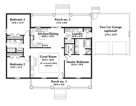 Country, One-Story House Plan 64573 with 3 Beds, 2 Baths, 2 Car Garage First Level Plan