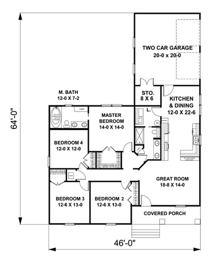 Cottage, Country, Craftsman House Plan 64582 with 4 Beds, 2 Baths, 2 Car Garage First Level Plan