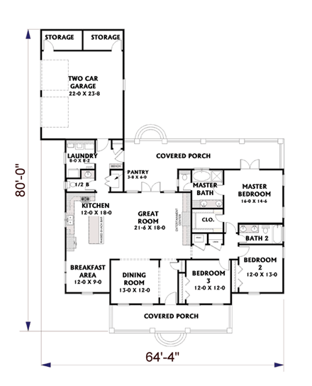 Country House Plan 64588 with 3 Beds, 3 Baths, 2 Car Garage First Level Plan