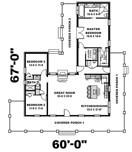 Country House Plan 64590 with 3 Beds, 2 Baths First Level Plan