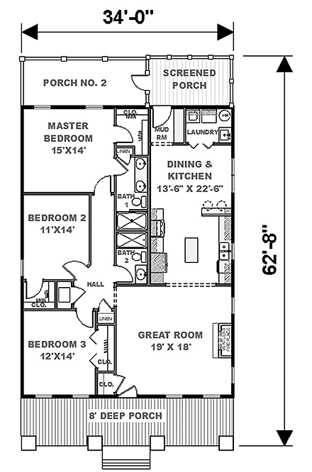 Bungalow, Cottage, Craftsman House Plan 64593 with 3 Beds, 2 Baths First Level Plan
