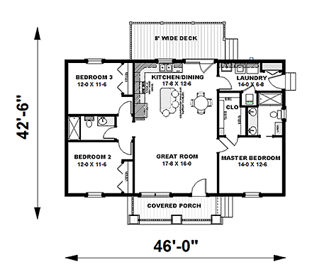 Bungalow, Cottage, Country House Plan 64595 with 3 Beds, 2 Baths First Level Plan