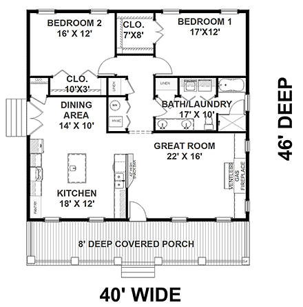 Farmhouse, Modern House Plan 64598 with 2 Beds, 1 Baths First Level Plan