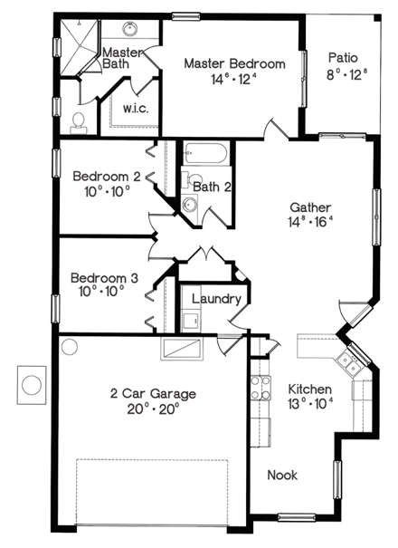 Narrow Lot, One-Story House Plan 64603 with 3 Beds, 2 Baths, 2 Car Garage First Level Plan