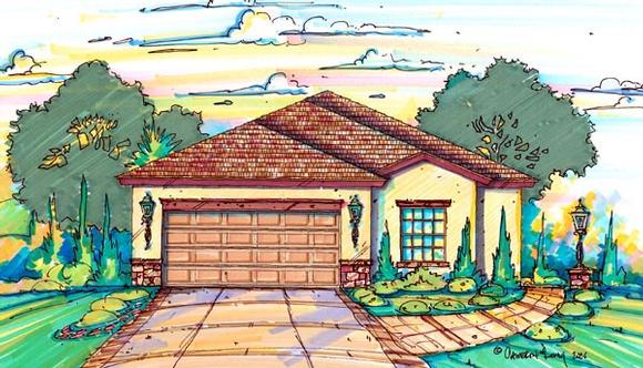 Narrow Lot, One-Story House Plan 64603 with 3 Beds, 2 Baths, 2 Car Garage Elevation