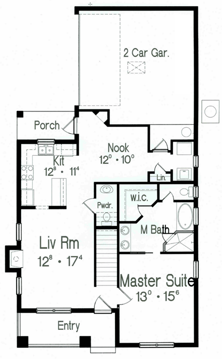 Narrow Lot House Plan 64605 with 3 Beds, 3 Baths, 2 Car Garage First Level Plan