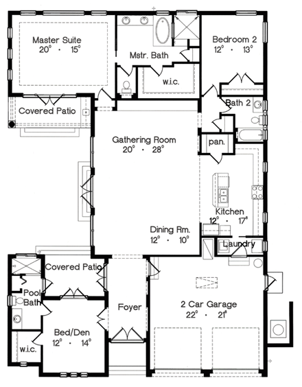 Florida, Mediterranean, One-Story House Plan 64611 with 3 Beds, 3 Baths, 2 Car Garage First Level Plan