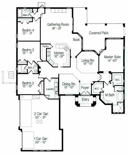 Florida, Mediterranean, One-Story House Plan 64622 with 4 Beds, 3 Baths, 3 Car Garage First Level Plan