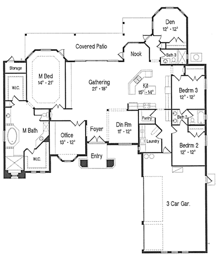 Florida, Mediterranean, One-Story House Plan 64628 with 4 Beds, 3 Baths, 3 Car Garage First Level Plan