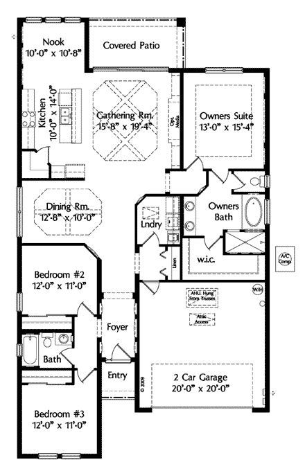 Mediterranean House Plan 64643 with 3 Beds, 2 Baths, 2 Car Garage First Level Plan