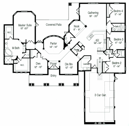 Florida, Mediterranean, One-Story House Plan 64651 with 4 Beds, 3 Baths, 3 Car Garage First Level Plan