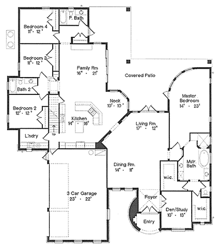 European, One-Story House Plan 64657 with 4 Beds, 4 Baths, 2 Car Garage First Level Plan