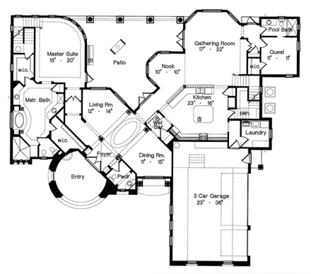 Italian House Plan 64666 with 4 Beds, 5 Baths, 3 Car Garage First Level Plan