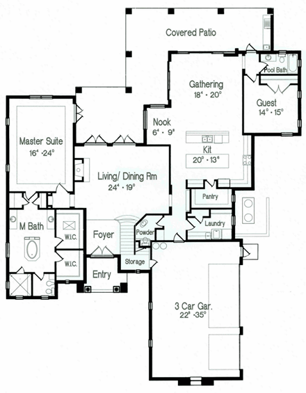 Florida, Mediterranean House Plan 64679 with 4 Beds, 5 Baths, 3 Car Garage First Level Plan