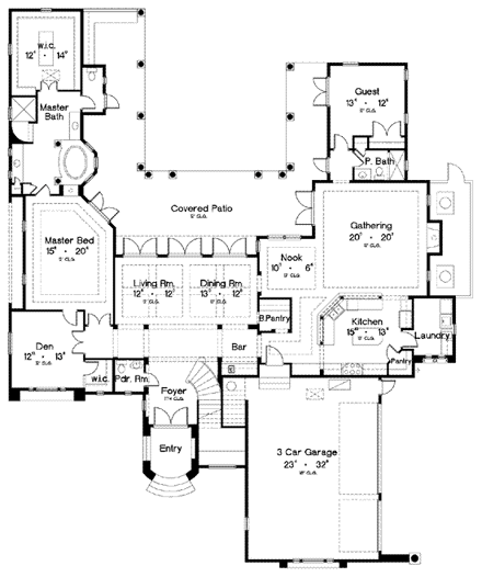 Florida, Mediterranean House Plan 64680 with 4 Beds, 5 Baths, 3 Car Garage First Level Plan