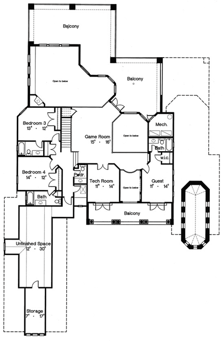 Florida, Mediterranean House Plan 64719 with 5 Beds, 7 Baths, 4 Car Garage Second Level Plan