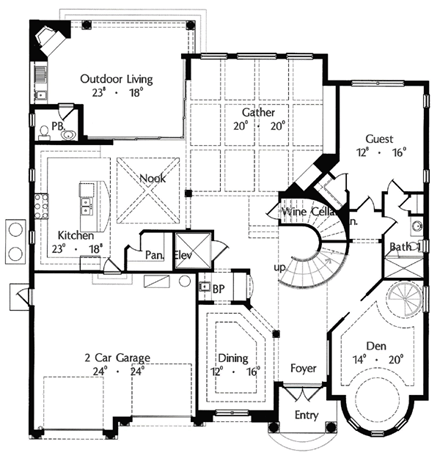 European House Plan 64722 with 4 Beds, 5 Baths, 2 Car Garage First Level Plan