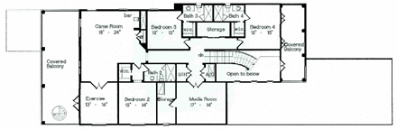 European House Plan 64723 with 4 Beds, 5 Baths, 3 Car Garage Second Level Plan